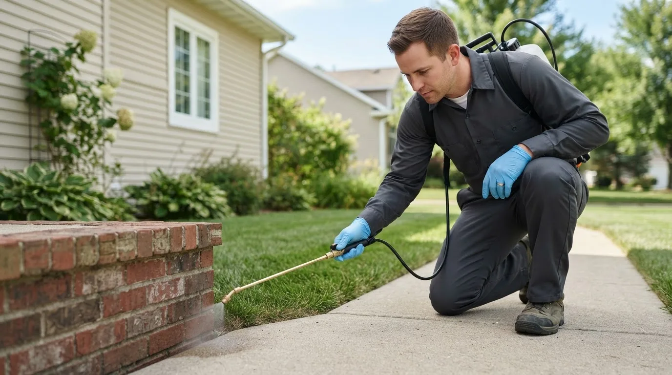Pest control technician treating a home near Garrettsville, OH