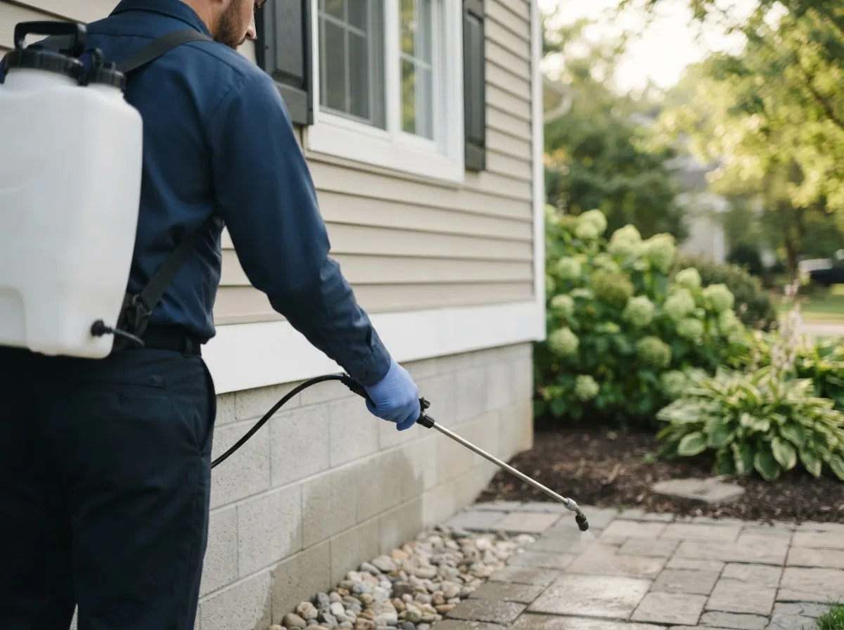 Pest control technician inspecting a home in Garrettsville, OH